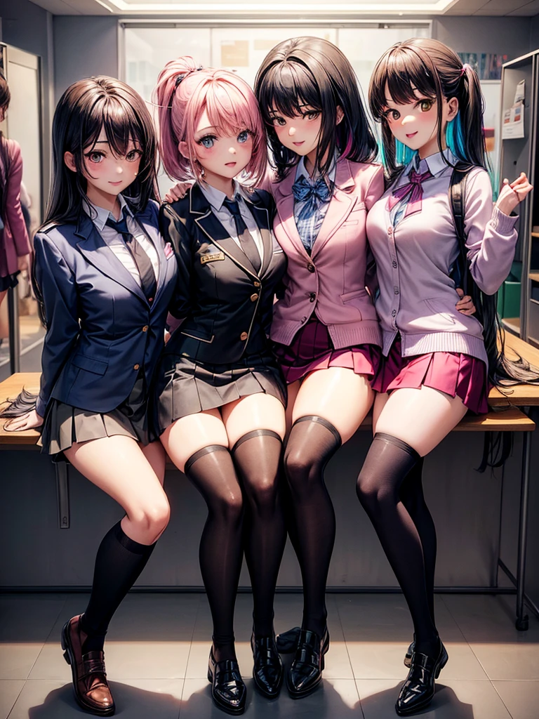 (((masterpiece, highest quality, High resolution, 超High resolution, Perfect Pixel, Depth of written boundary, 4K, RTTX 10.0, High resolution))), (Four adult women:1.3), Beautiful Anime Woman, Beautiful art style, Anime characters, ((Long Hair, bangs, Dark brown hair, Various hairstyles, ponytail, Twin tails, Bobcut)), ((Beautiful eyelashes)), ((Detailed face, blushする:1.2)), All four have different faces, ((Smooth texture, Realistic texture, Anime CG Style)), Perfect body, (Slender body:1.2), Beautiful and big breasts, Exact finger count、Exact number of legs、Exact number of arms, (blush:1), (The four women stood side by side, lifting their skirts to greet the crowd.:1.2), (Fashionable white shirt, Sailor collar, (garter belt:1.2), (Black knee socks:1.4), High heels, mini skirt:1.4), Realistic, highest quality, High resolution, 非常にDetailed face, Perfect lighting, Extremely detailed CG, (Perfect hands, Perfect Anatomy), Embarrassed expression, (School classroom:1.3), Morning sun-like lighting, whole body, ((Stylish and sexy shiny satin panties, Stylish lace side-tie panties, White panties, Dark pink panties, Dark Blue Panties:1.2)), Angle from the front、(Beautiful and thin thighs:1.2), All about the same height