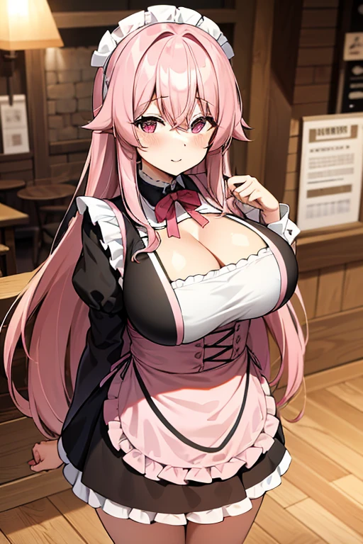 1girl, pink hair, long hair, hair over eyes, ((hair over eyes)), long bangs, ((long bangs)), green eyes, huge breasts, thick thighs, wide hips, mature female, hourglass figure, bunnysuit, rabbit ears, leotard, black leotard, bowtie, red bowtie, pantyhose, black pantyhose, shy, timid, text, number, numbers