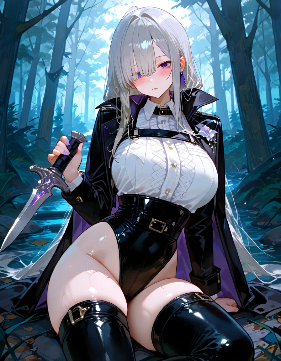 (full body), seductive look, blush, outdoors, looking at viewer, moody lighting, (perfect detail eyes:1.2), glowing eyes, shiny skin, white hair, blue eyes, long hair one braid:1.2), (huge breasts), (Masterpiece, Best Quality, High Quality:1.4), professional artwork, Intricate Details, field of view, sharp focus, black socks, spread legs, wet, from below
