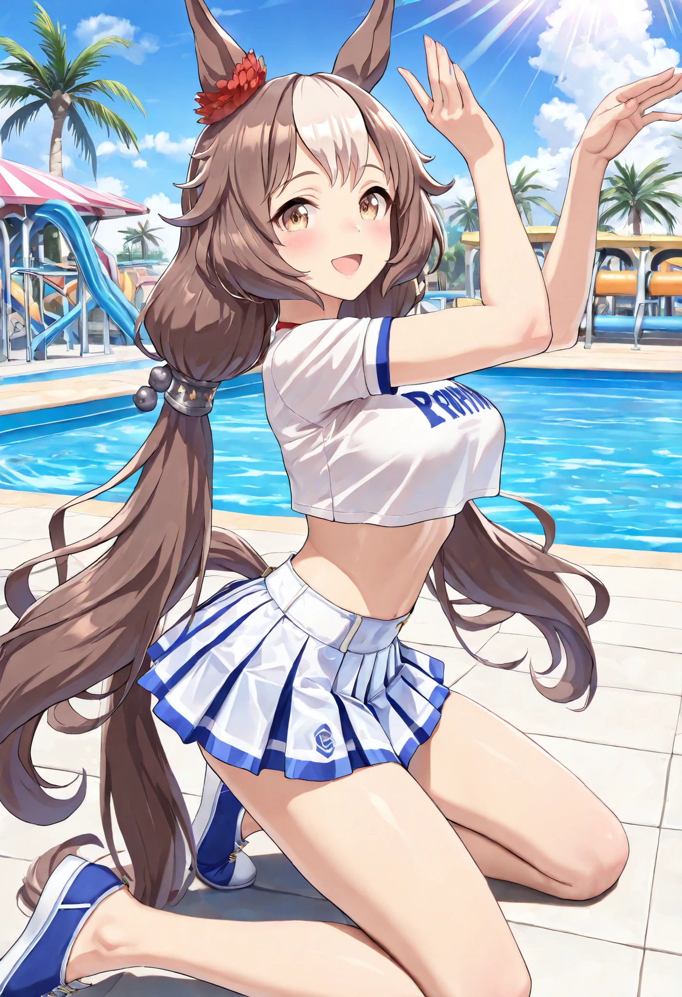 (masterpiece, best quality, perfect face:1.4), wide angle, yamanin zephyr \(umamusume\), 1girl, horse ears, red ear ornament, silver hair ornament, horse tail, tail on the lower back, proportional body, proportional, beautiful hair, beautiful face, beautiful detailed eyes, beautiful clavicle, beautiful body, beautiful chest, beautiful thigh, beautiful legs, beautiful fingers, looking at viewer, BREAK, (crop top,ultra micro-mini skirt:1.5), (kneeling:1.5), (gravure pose:1.5), waterpark, sidewalk, fencing, concession stand, palm trees, clouds, shade, sun rays, BREAK, blush happy smile (open mouth), textured skin, realistic skin, HDR, BREAK, good hands,