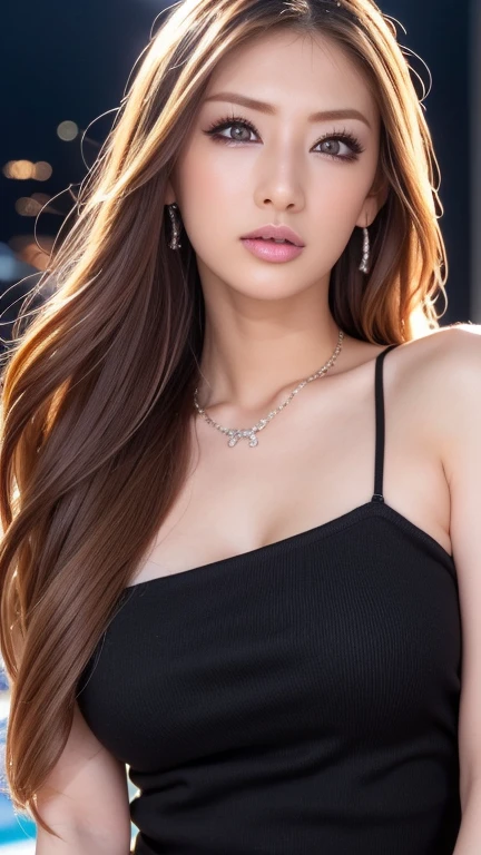 Light brown hair with gradients, whole body, highest quality, ((Super detailed, Ultra Skin Details)), Detailed face, (Realistic:1.4), , night, City view, Stylish dresses、necklace、bracelet、Earrings