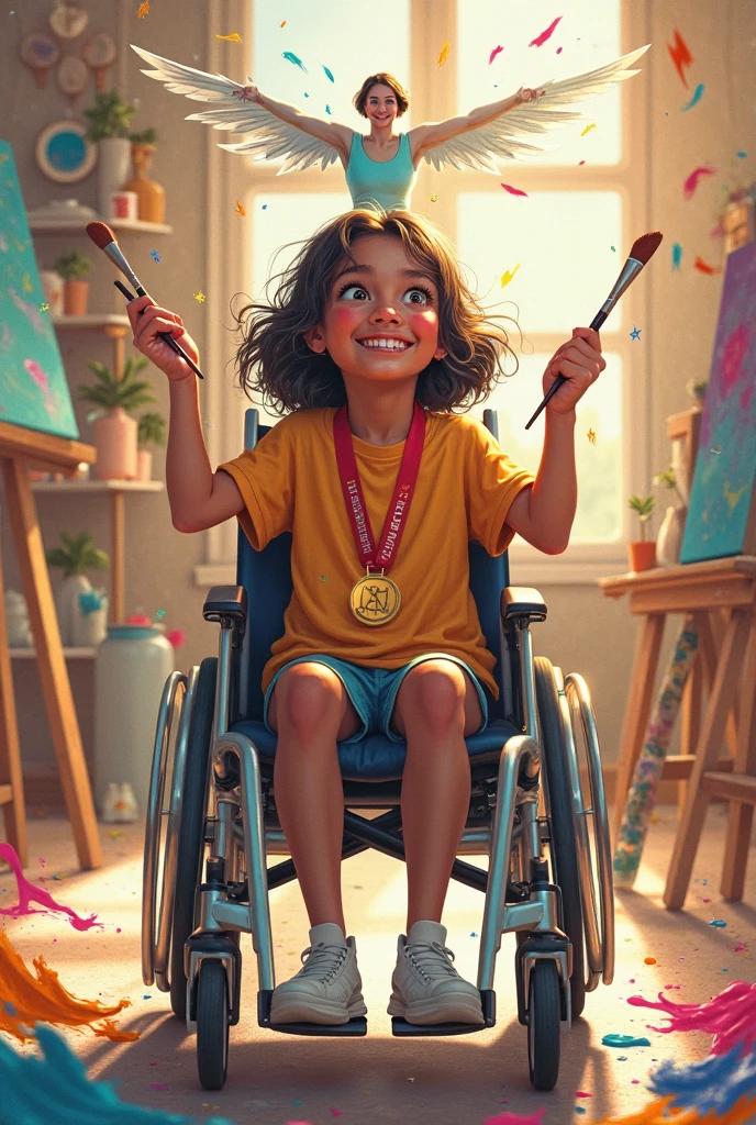 An expressionist painting of a beautiful young humanitarian receiving a prestigious award. The humanitarian's face is a powerful display of gratitude and joy, with bold, emotional brushstrokes highlighting their smile and teary eyes. The background is an abstract blend of colors and shapes, representing the applauding audience and the stage. The attire and the award statue are depicted with exaggerated lines and colors, emphasizing the emotional depth and impact of the award-winning moment.