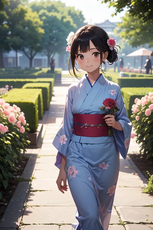 anime-style, soft pastel colors, early morning light, traditional Japanese house, morning glory vines on bamboo fence, (wide background view, background-focused composition, character small and distant, character occupies only 1/4 of the canvas), a shy girl in yukata sitting quietly on the wooden veranda, (gently looking at a morning glory flower, soft smile, dreamy eyes), calm and nostalgic mood