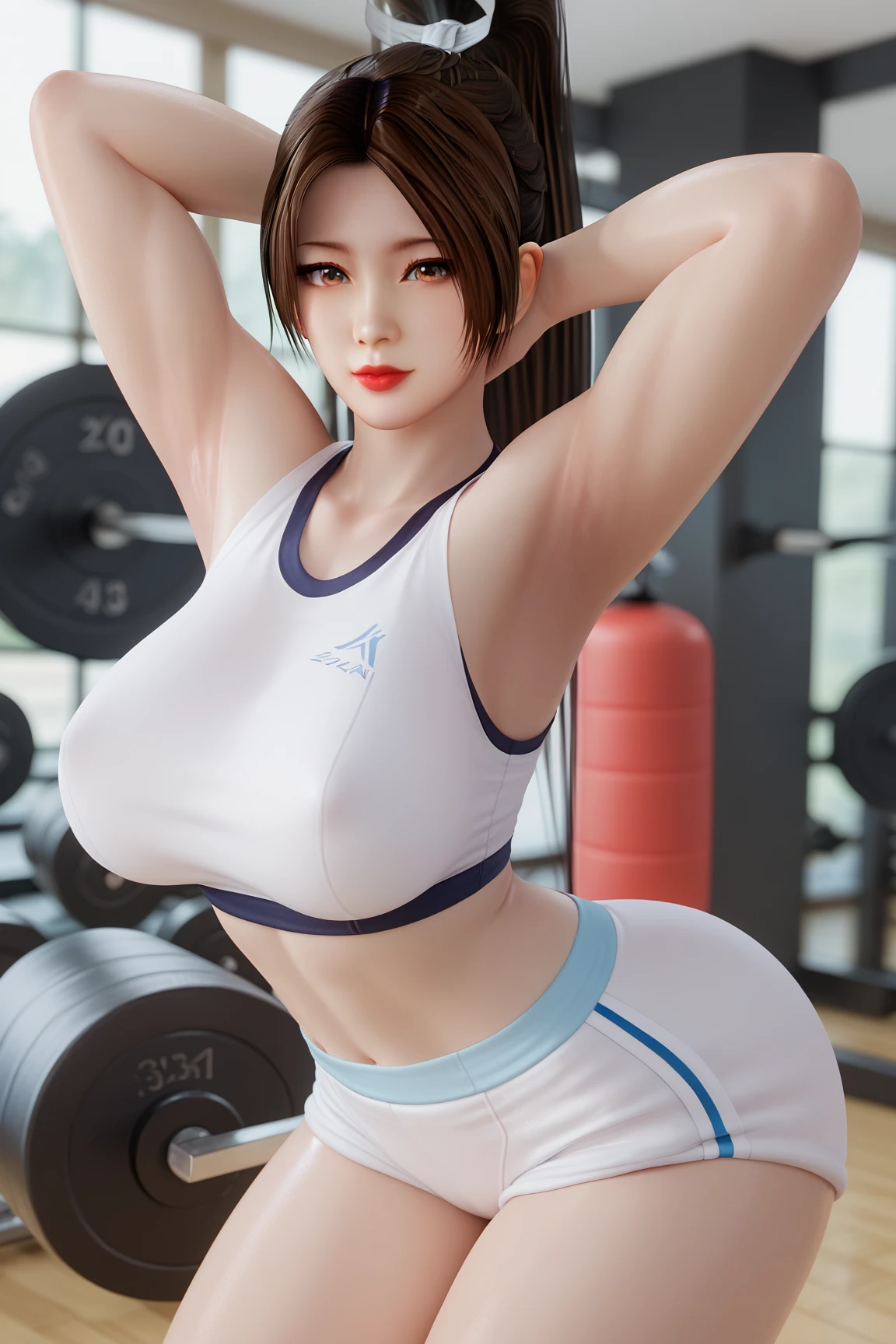 3d, sporty, working-out, very well-proportioned, full-figured, well-rounded girl, fit-tight-body, sweaty skin, gym, dramatic lighting very intricate details, elegant, sharp body lines