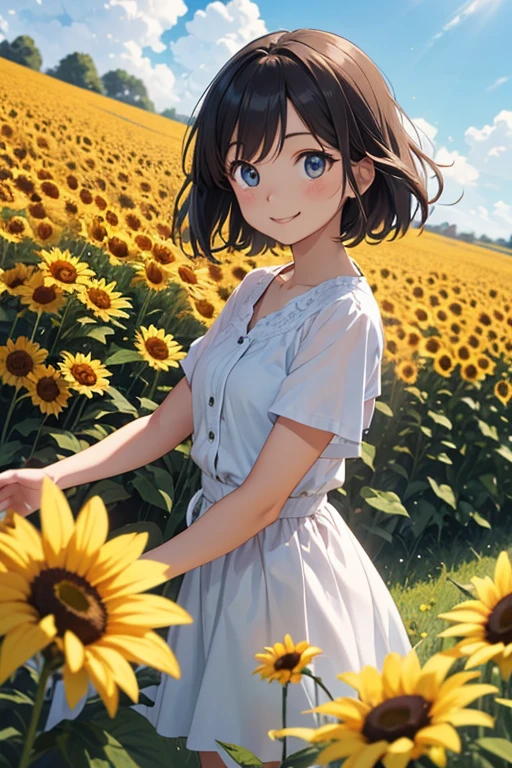 anime-style, soft pastel colors, early morning light, traditional Japanese house, morning glory vines on bamboo fence, (wide background view, background-focused composition, character small and distant, character occupies only 1/4 of the canvas), a shy girl in yukata sitting quietly on the wooden veranda, (gently looking at a morning glory flower, soft smile, dreamy eyes), calm and nostalgic mood