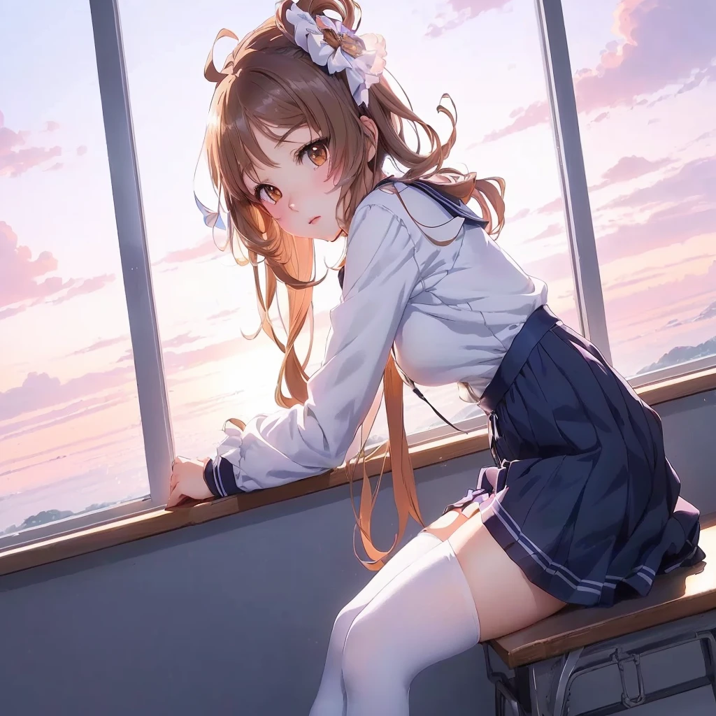 ((Tabletop, Highest quality, High resolution, Hmph, Pixel perfect, 4K, Hmph, Hmph))), One Girl, single, alone, Beauty、The whole body is visible、 ((Mid-wave hair, bangs, Brown Hair)), ((Brown eyes, Beautiful eyelashes, Realistic eyes)), ((Detailed face, blush:1.2)), ((Smooth texture:0.75, Realistic texture:0.65, Realistic:1.1, Anime CG style)), Medium chest, Dynamic Angle, Perfect body, ((Red bow tie, , Black jacket, Open jacket, Brown cardigan, White shirt, Black Skirt, Checked skirt)), City stairs、Looking up from the bottom of the stairs、Very embarrassing panic smile, looked back、Leaning forward、(The wind blew up her skirt, exposing her ...................、Touch your buttocksth hands、white floral lace panties), (Floatrt:1.1),,( Panty shot:1.1),