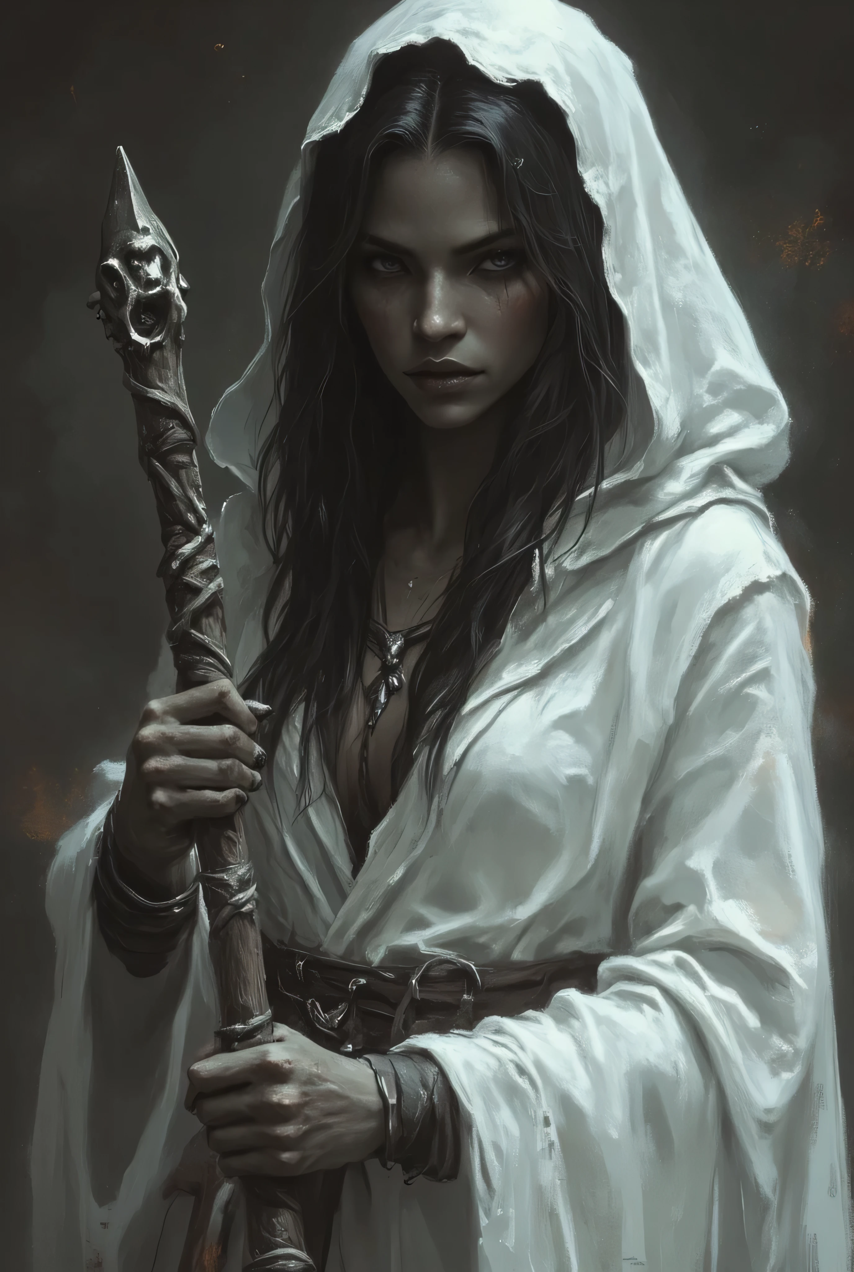 female dark elf, dark skin elf, white minimalist revealing robe, character concept arthighly detailed digital art, dark elf woman, porcelain skin, mesmerizing eyes, flowing white robe, minimalist design, revealing silhouette, delicate facial features, serene expression, dark fantasy character, 8K, photorealistic, masterpiece, ultra-detailed, vivid colors, dramatic lighting, moody atmosphere, cinematic composition, simple dim background, ethereal elegance, intricate textures, seamless blend of realism and fantasy