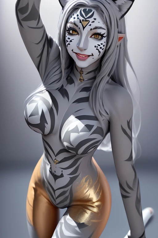 She is a tiger beastman, so she doesn't wear any clothes、white and beautiful skin、Hairless labia、silver eyes、cute smile、Completely naked、bob cut hair、blonde