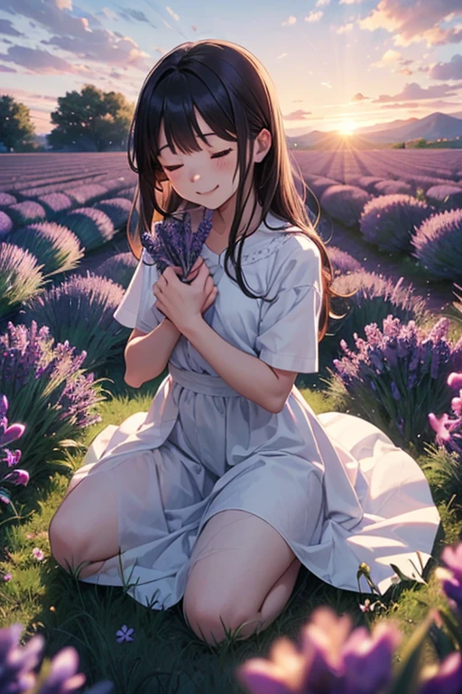 anime-style, soft pastel colors, early morning light, traditional Japanese house, morning glory vines on bamboo fence, (wide background view, background-focused composition, character small and distant, character occupies only 1/4 of the canvas), a shy girl in yukata sitting quietly on the wooden veranda, (gently looking at a morning glory flower, soft smile, dreamy eyes), calm and nostalgic mood