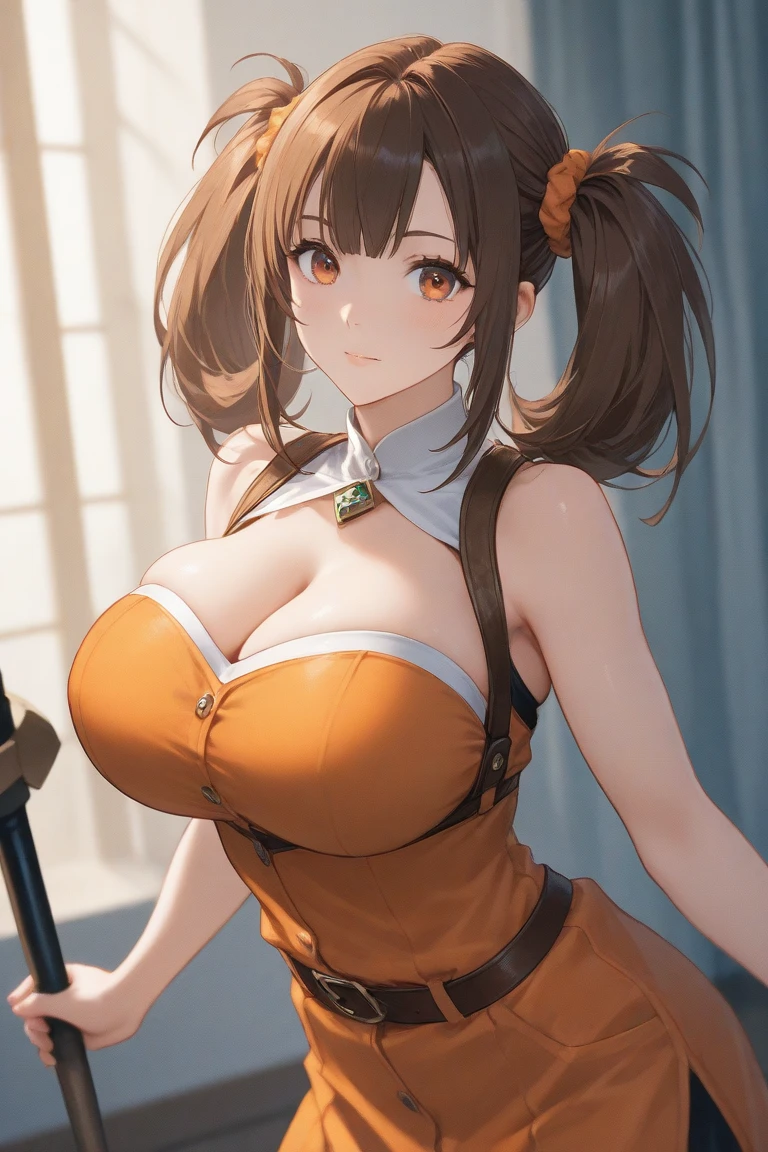 18-year-old girl,Baby Face,Crimson short-haired,ponytail hairstyle,Smile,Huge breasts,cleavage,Sheer red sleeveless top,Leave space in the middle to reveal cleavage,Soaked all over,Blushing,green eyes,Female spy,Red miniskirt,White gloves,White hand sleeves,White boots,Science fiction,Future,Inside the mecha combat robot warehouse,robot driver,Pistol hanging on waist,No bangs,Wearing earrings only on one side,Lipstick