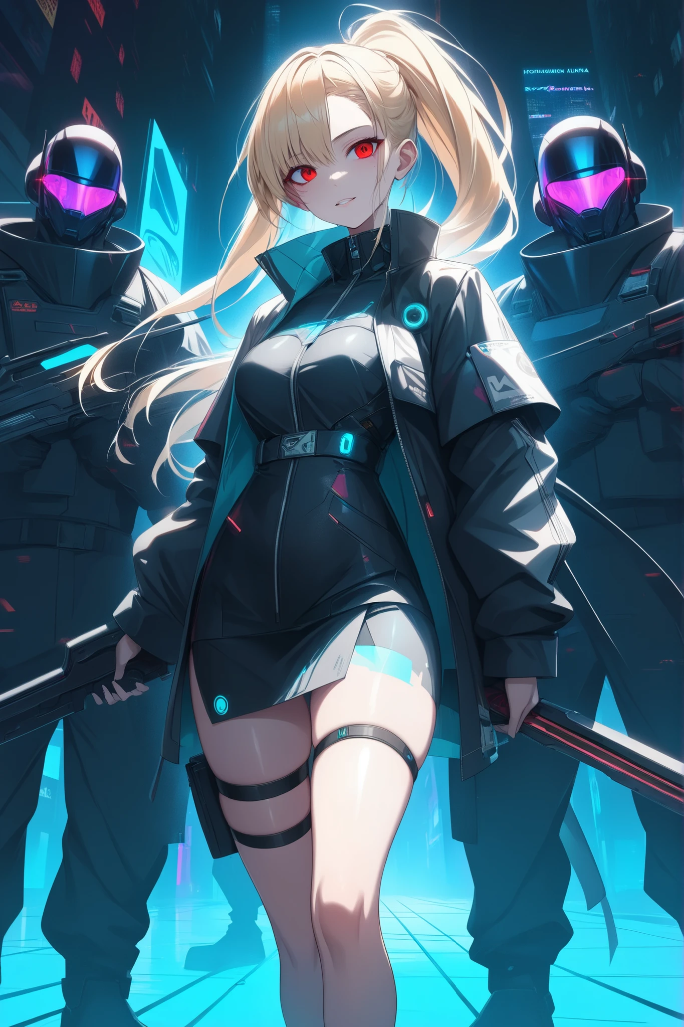 masterpiece, best quality, detailed clothes, young, blonde haired girl, blue eyes, medium breasts, smiling, sexy, zettai ryouiki,revealing clothing,show skin,,(cleavage),((((crop top hoodie,cropped hoodie,hoodie,hoodie intricate)))),((detailed outfit,detailed clothes, cyberpunk gear, cyberpunk clothes, neon cyberpunk background, cyberpunk style, cyberpunk, fingerless gloves, futuristic gun in holster