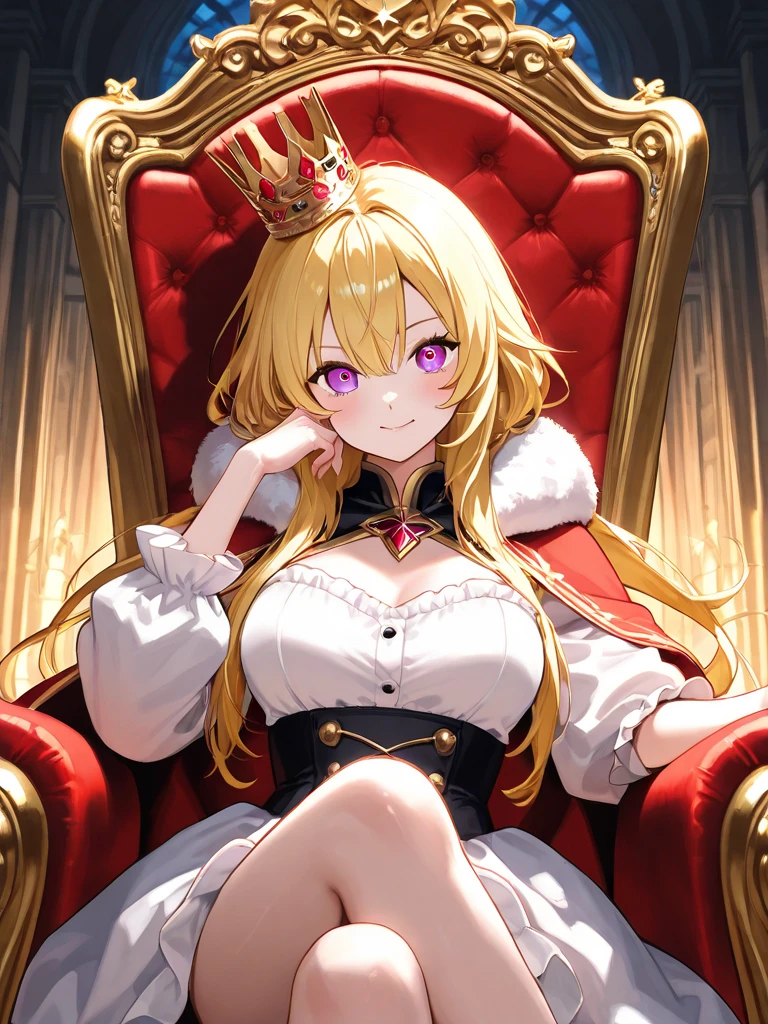 ((Highest quality)), ((masterpiece)), (detailed), (Perfect Face)、The woman is Tiare, a Disney princess with green eyes, medium-long blonde hair, red lipstick and makeup, and is the Queen of Darkness. She is wearing a gorgeous dress and crown, and is reigning on a gorgeous throne.