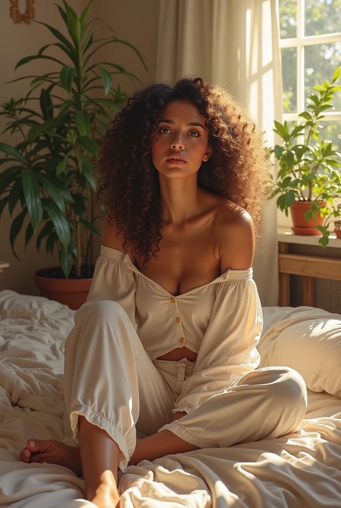 (photorealism:1.2), beautiful fair mixed Black woman with sharp jawline, sitting on bed, wearing loose off-shoulder top, pajama pants, short loose curly blonde hair, 63kg, indoors, soft lighting, plants in background, dewy window with sunlight, cozy room, relaxed pose, realistic, intricate details, warm colors,