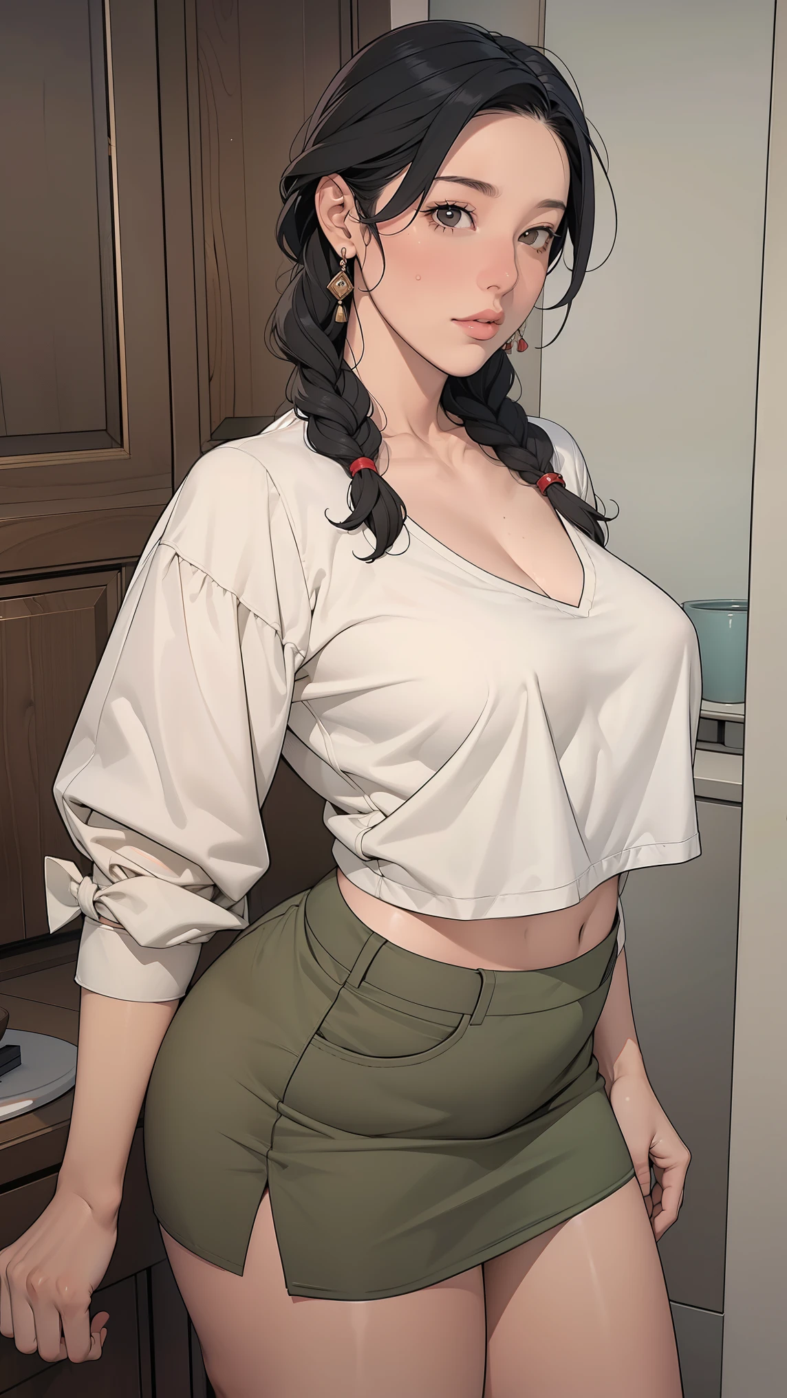 masterpiece, hi res, wacky clothes, Highest Quality, 4K, details, high definition , By NTRMAN, solo, Mature Woman, 40 years old, Mature Woman,Mother, chubby, The curvy , short, thick, thick butt,Crop top, short skirt, black hair, braids,The curvy , chest, saggy breasts, 際立った唇, red lipstick,thick, brushing, olive skin, sunburned skin, stares at the viewer,chest Circumference,princess cut, glass
