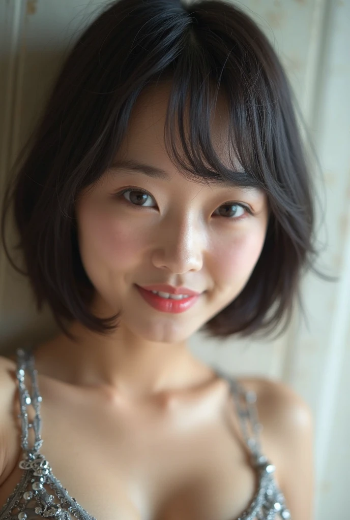 Very cute Japanese girl, smile, (wacoal sexy bra,Magenta)、Gray background、Studio shot、Black choker、cowboy shot、portrait、looking at viewer、short hair