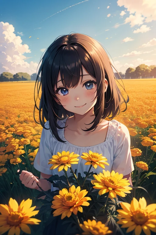 anime-style, soft pastel colors, early morning light, traditional Japanese house, morning glory vines on bamboo fence, (wide background view, background-focused composition, character small and distant, character occupies only 1/4 of the canvas), a shy girl in yukata sitting quietly on the wooden veranda, (gently looking at a morning glory flower, soft smile, dreamy eyes), calm and nostalgic mood