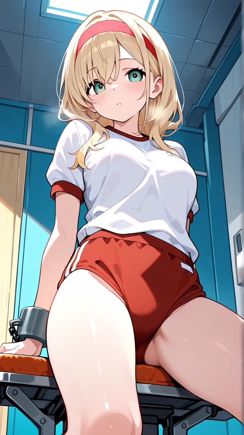 yamada elf,(chibi),blonde hair, long hair, drill hair, brown eyes, pointy ears,(white gym shirt, short sleeve,gym uniform,white bike shorts:1.3),midriff,(upper body:1.3),blush,(spread legs:1.3),(cameltoe:1.7),smile,masterpiece,Noise Reduction,perfect anatomy,high resolution, ultra-detailed, ultra-detailed face,game cg,dutch angle ,beautiful detailed eyes,visualart,five fingers, perfect hands, perfect lighting, sparkling pupils,