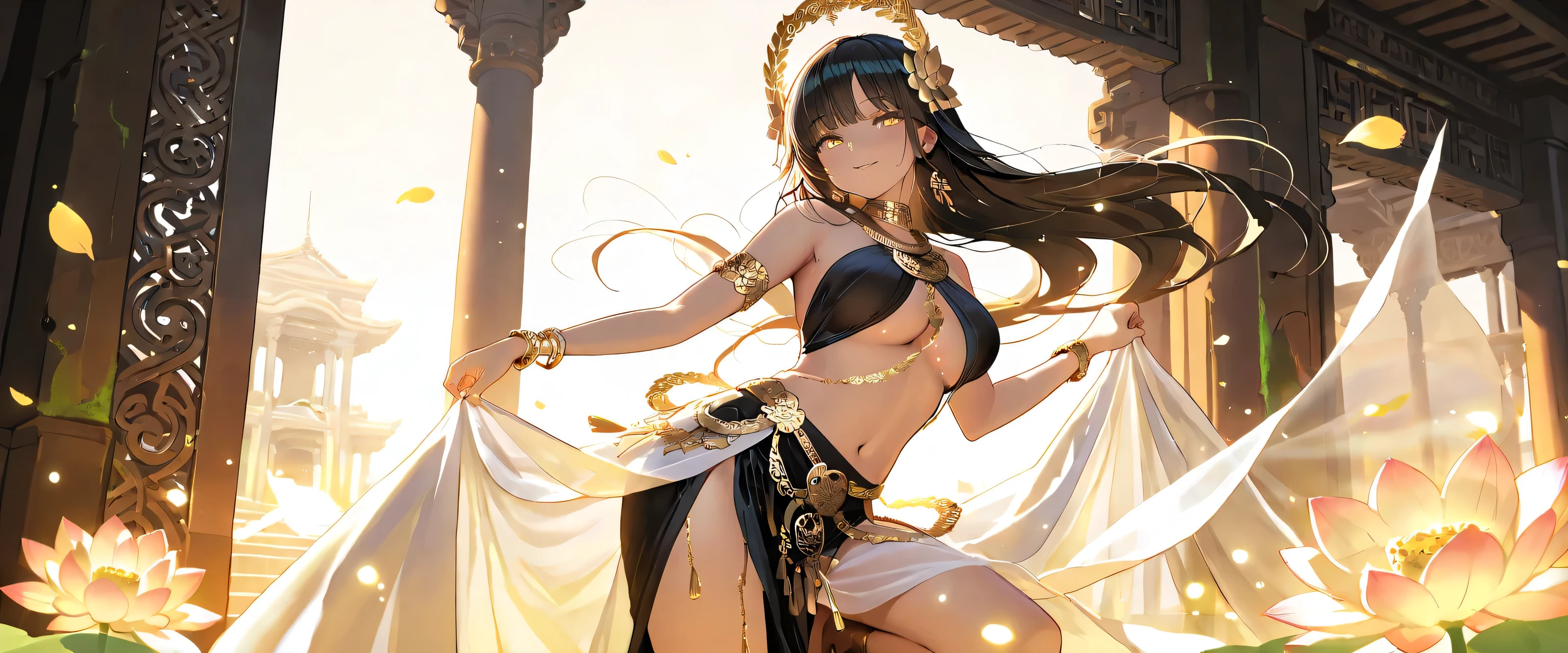 (masterpiece, best quality, ultra detailed, cinematic lighting, 4K, anime style),
a graceful Thai traditional female dancer performing in front of an ancient Cambodian sky gate temple,
she wears an ornate golden Thai traditional outfit (chut Thai), with elegant silk drapes, delicate golden embroidery, high slit skirt, golden headdress with intricate spires,
long black hair partially tied up, decorated with golden floral pins and jasmine strands,
her pose is mid-dance, one leg lifted gracefully, arms elegantly curved in traditional gesture,
serene and divine expression, soft glowing eyes, subtle smile,
background: ancient Khmer sky gate (Angkor Wat style), moss-covered stones, golden sunlight shining through, soft mist, divine atmosphere,
lotus petals floating in the air, ethereal particles glowing, cinematic depth of field,
(mystical, heavenly, elegant, traditional Asian fantasy)