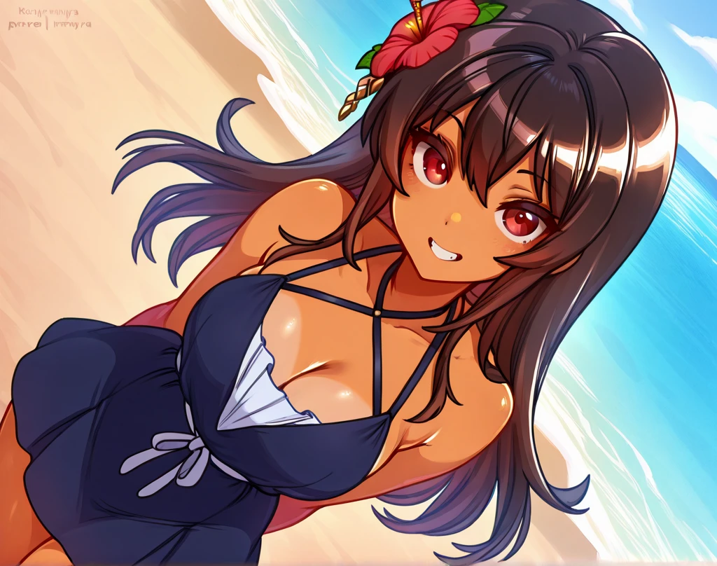 masterpiece, best quality, anime illustratuon, 4k anime Illustration, 1 girl, solo, standing, long hair, black hair, violet eyes,ponytail, Red hair ribbon, red sling Bikini, slingshot swimsuit, large breasts, medium breasts, looking_at_viewer,  motherly smile, upper_body, dark skin, (beach background:1.0)), ((dark skin: 1.2)), , ((parted bangs: 1.4)), ((massive forehead: 1.2)), muscular, athletic, six pack, tan skin