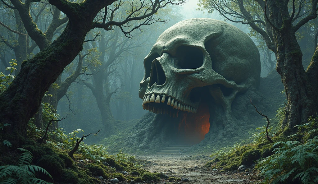 Photo of a portal in shape of a giant moss covered skull of monster in the dark forrest, rusted airplane, warner brothers film style, mystic, psychodelic atmosphere, 35mm