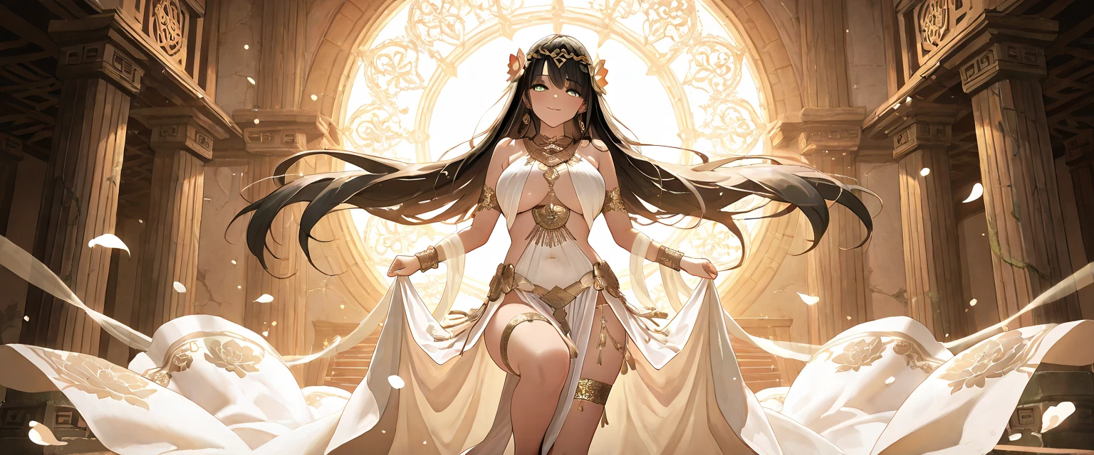 ((Masterpiece)), ((extreme details)),arab girl, muscular fit body, tanned skin girl in summer short dress of light fabric and semi transparent, dancing on a flowers field in a windy day, wind lift dress, Slightly transparent white nightdress, looking at viewer, loving smile, golden ring, fit body, black hair, long straight hair, blue saphyr eyes, sexy figure, medium breast, muscular juicy ass, muscular tights, Field of flowers as far as the eye can see, ((High Details)), ((Best quality)), 8k, realism, Ray Tracing, reflection light, textured skin, Rendu CG3D, lighting cinematic,