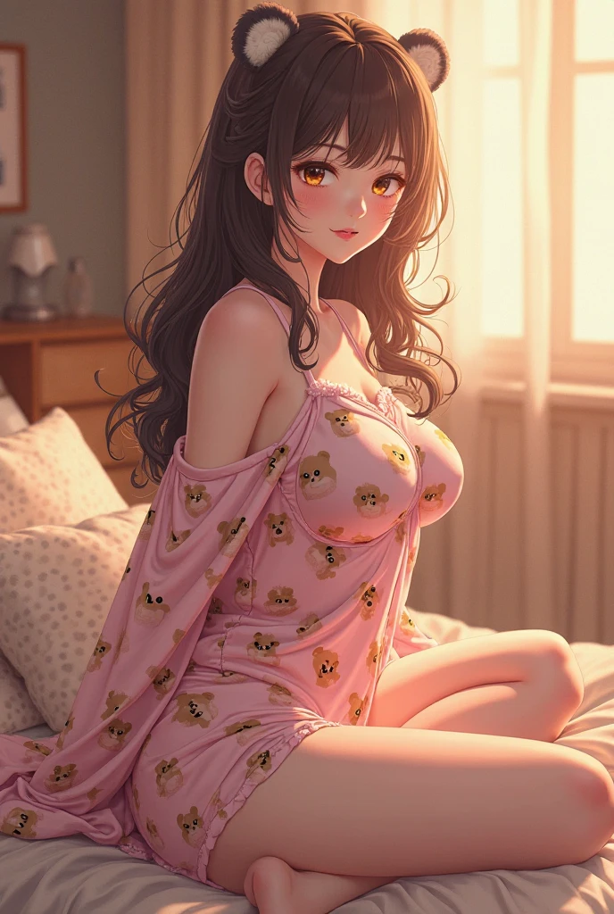 Girl with semi-long wavy brown hair, lying on her stomach looking at a photo of her boyfriend, in tender white pajamas and print strawberries, scenery of tender girl, emerald eyes,