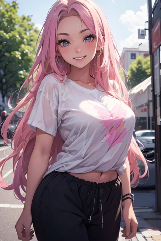 Pink haired goddess, wearing a white shirt and pink skirt, pink eyes, smiling beautifully, bellybutton visible