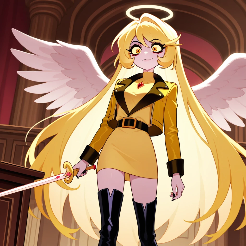 Egg-colored demon girl + Wear a white swimsuit with sleeves + white boots + It has white wings over black on its hips. + Long yellow hair tied up + yellow eyes + There is a small yellow star on the left cheek. + has a white tail + There is a white ribbon. + He has gray-white horns. + Has a black collar + There is a white shawl that leaves the middle. + Wearing red glasses. + holding devil fruit