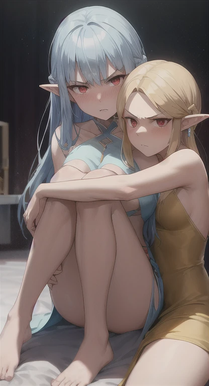 score_9, score_8_up, score_7_up, score_6_up, source_anime, high res image,masterpiece,best quality,girl,cute face,clear skin,shiny hair,ultra detailed eyes,simple background, elf and dark elfddp, 2girls, sex toy,pussy, double dildo