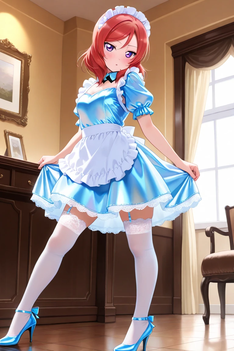 score_9, score_8_up, score_7_up, score_6_up, rating_safe, source_anime, best quality, masterpiece, detailed background, detailed eyes, living room, maid outfit, (from behind view), looking back, smile, thighhighs, garter, walking, <lora:tokido-saya-xl-05:1.2>, tokido saya, two side up, medium breasts, sticking tongue out,