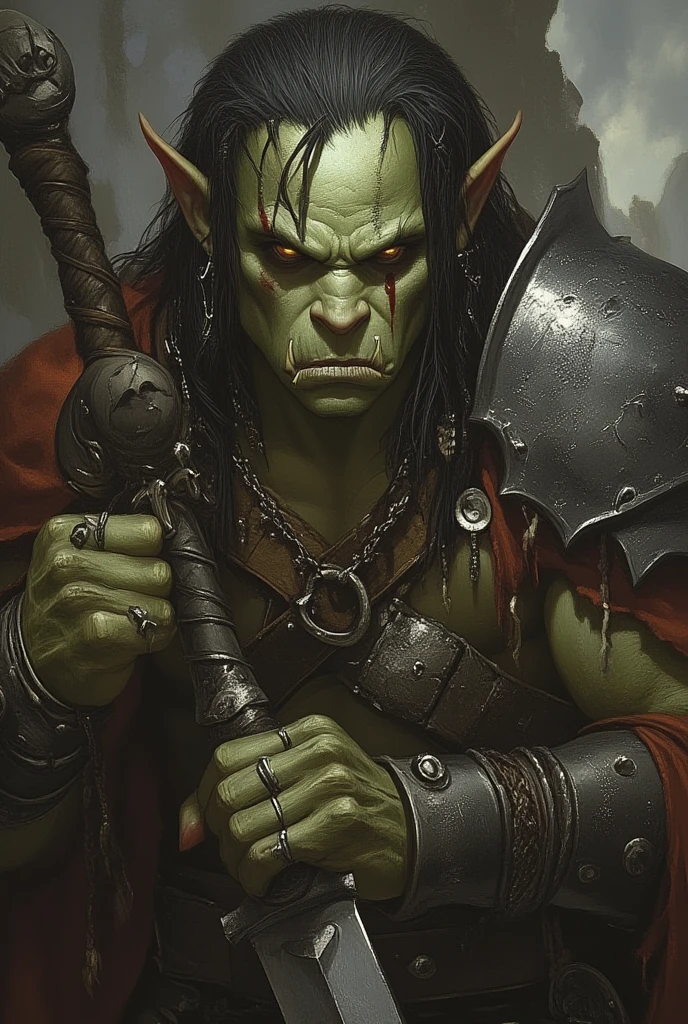 furious orc warchief, green skin, angry, RPG character, medieval fantasy, close up portrait