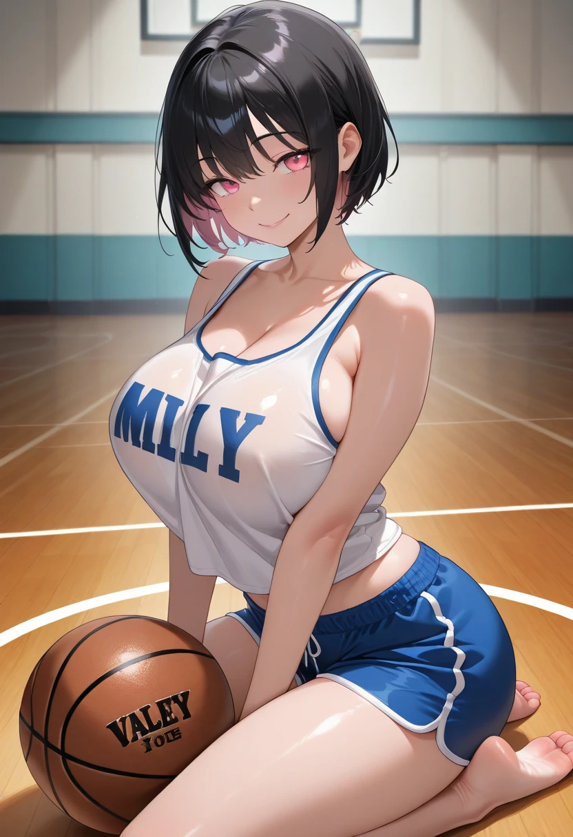 (nsfw:1.5), Cool、basketball white and red uniforms, cutout chest,bare breasts, White and blue tight-fitting shorts、Tight-fitting sleeveless white and blue tank top, solo woman, Stadium, A dark-haired, up hair, Hair collection、shorth hair、well-muscled、Body glistening with sweat、Glamorous、wristbands、Dramatic Writing、full-shot、Glamorous、Long body、Cinematic lighting、beautiful countenance、A sexy、Gray eyes、model shot、Whole human body、full-shot、Short socks、White sneakers、japanes、sixteen years old、Cool、I see underwear、Standing Pose、Hands fold behind your back、thick legs、skin tanned、Tsuriformes、Angry eyebrows、red blush、Numbered volleyball competition uniforms、Voluptuous thighs、Playing volleyball、FULL BODYSHOT、Beautiful butt、Black supporters on knees and elbows、Standing Pose、pov from down、Face straight ahead