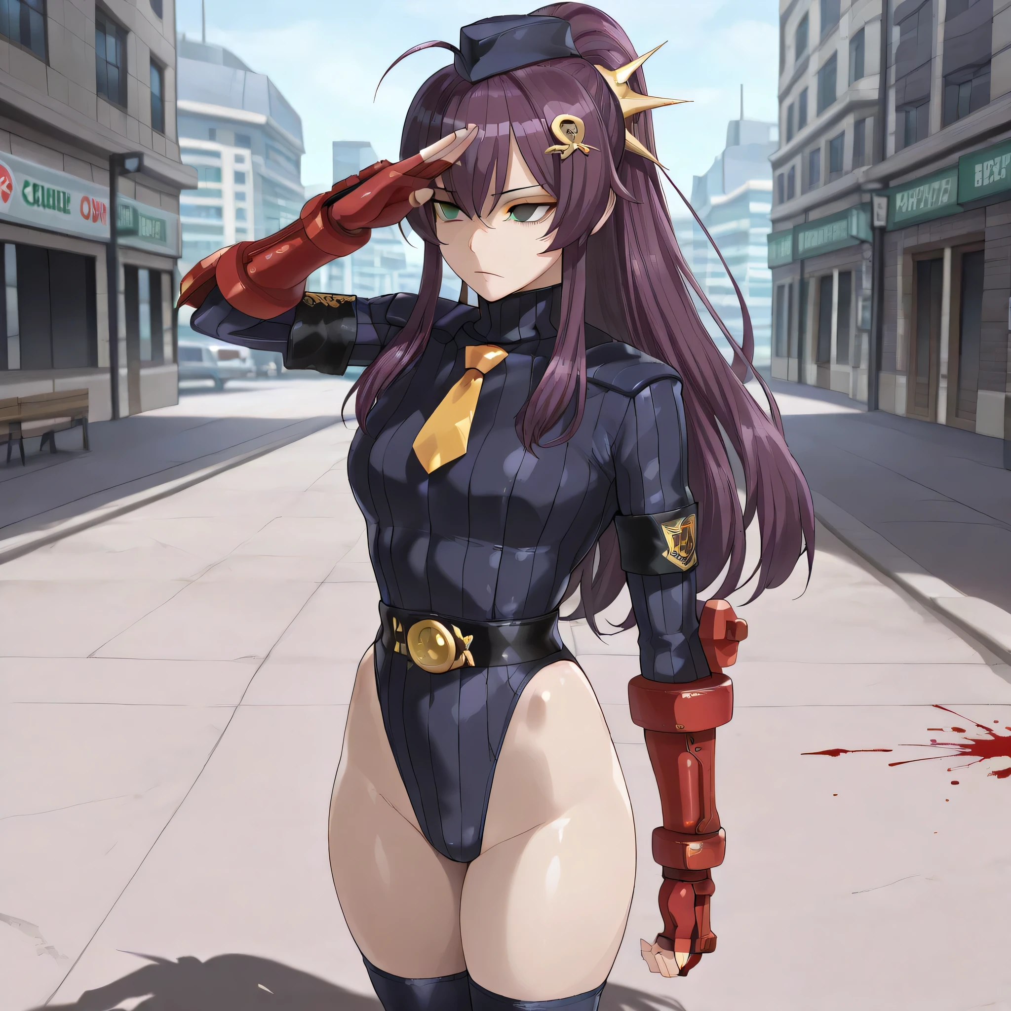ultra-detailed, Explicit, Beautiful body, Beautiful Nose, Beautiful character design, perfect eyes, perfect face, ultra highres, 4K, beautiful legs, perfect legs, Nice hands, Perfect hand, Masterpiece, Best Quality, Highly detailed, illustration, absurdres, street fighter, doll suit, shadaloo doll, dollsuit, expressionless, blank eyes, looking at viewer, red gloves, emotionless, black latex, corrution, mind control, female combatant, full body, hypnotized, unhappy trance, full body suit, ribbed bodysuit, both arms at side, obey, perfect female body, extremely glossy latex, hypnosis, hypnoLora, empty eyes, Mind control device, poses, submissive_pose, Slave, hat, necktie, stand up straight, standing, standing at attention, hat, necktie, belt, latex, ribbed bodysuit, thighhighs, garter belt, Fighting Stance, extending the right arm from the shoulder into the air with a straightened hand, saluting, military, military saluting, salute, thigh boots, 1girl, Inui sajuna, Sono Bisque Doll wa Koi wo Suru, pink hair, pink eyes, long hair, two side up