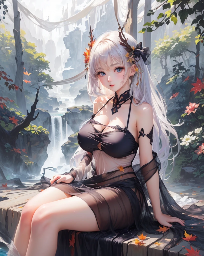 （A girl sits in a tree：2.0），（dress：1.9），nijistyle，Ethereal Background，Mysterious atmosphere，RAW photos，16K，drama灯光，rich and colorful，high quality，Precise focus，4D Cinema，drama，hyper-realistic illustration，Super detailed，absurd，Complex Mode， atmosphere，Ultra-high resolution， (Realistically:1.4)，(Fractal Art:1.3)，（Breasts droop outwards naturally），（Large Breasts），（Silver hair），（Showing shoulders and thighs），glowing scales，Princess Cut Hairstyle，full-body shot，watercourse，shrub，Outdoors in the wild，rock，ghostdom，night，backlight，（Overhead shot），