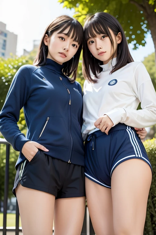 (2 girls, same height :1.2) ,Rear view, couple focus , 15 years old, japanese girl , (smile:0.7), stand next to each other , Upper body, Gym suit, white long sleeve hoodie, hood, school swimwear, , 美しいthighs,please reconsider, realistic butt crack, thin waist, 細いthighs, thin legs, long legs, にやにやのsmile, very short hair , bob hair, (high color saturation:1.0), (highly detailed skin), (highest quality:1.0), (ultra high resolution:1.0) ,(realistic:1.0), (Super detailed:1.0), (8K, Raw photo:1.1)、thighs、knees、share、from below、ponytail