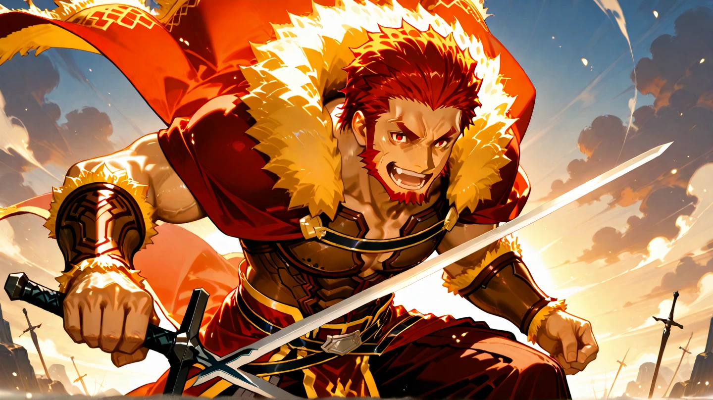 Man dark-skinned pirate king red hair with red coat and red hat with sword resting on his shoulder