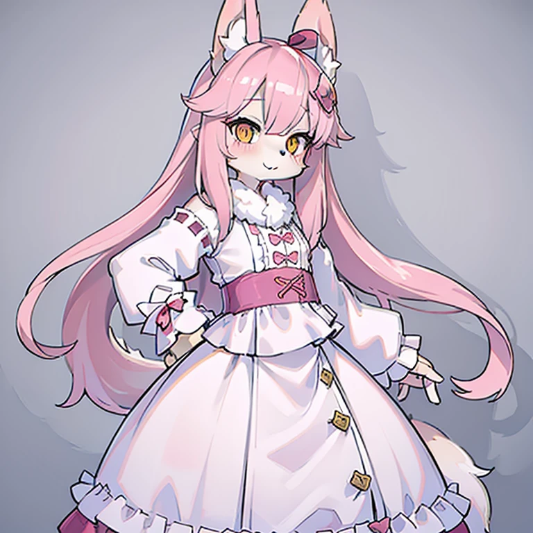 Master piece, perfect, highly detailed, (little hibryd anthro cat femboy), fluffy pink fur, ((pink eyes)), ((1))fluffy cat tail, pink long hair, tiny chest, (pink cat ears), wearing a pink collar, pink maid dress, silk white gloves, silk white thighhigh socks, wearing a pink muzzle, truemuzzle, eyesgod, niji, eyesgod, niji,