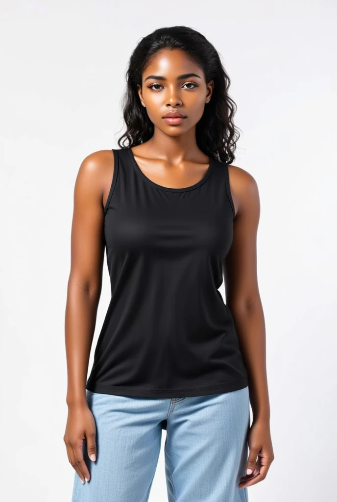 young woman beauty face, very black skin, black racerback tank top, (women's canvas shorts blue), curly hair, medium breast, (strong arms), white background
