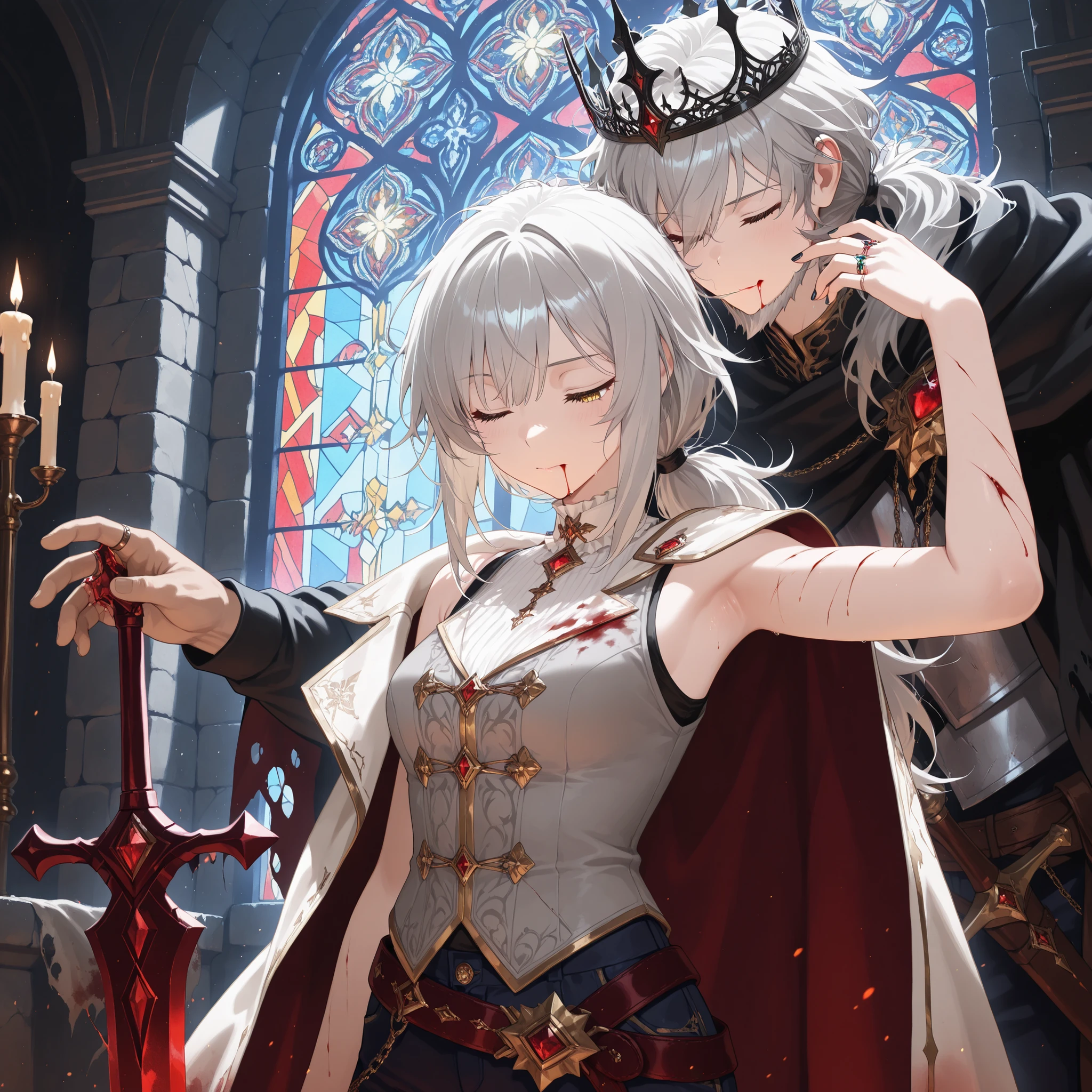 (masterpiece:1.2, Best Quality), (finely detailed beautiful eye: 1.2), (beautiful detailed face), 1boy, 1girl, size difference, close up, character: messy hair, closed eyes, bleeding from mouth, blood stains, torn clothes, cuts, bruises, messy hair, long hair, gray hair, low ponytail, light skin, yellow eyes, gray sleeveless vest with white frill trim,thin, light gray sleeveless shirt, dark blue trousers, thin legs, thin thighs, armpit, dark red swordbelt, sword sheathe, sword pommel, candles, stone wall, stained glass window, solo focus, upper body, ring, closed eyes, black crown, shadowy aura, coronation, nail polish, character: king, beard, cloak, ornate armor,