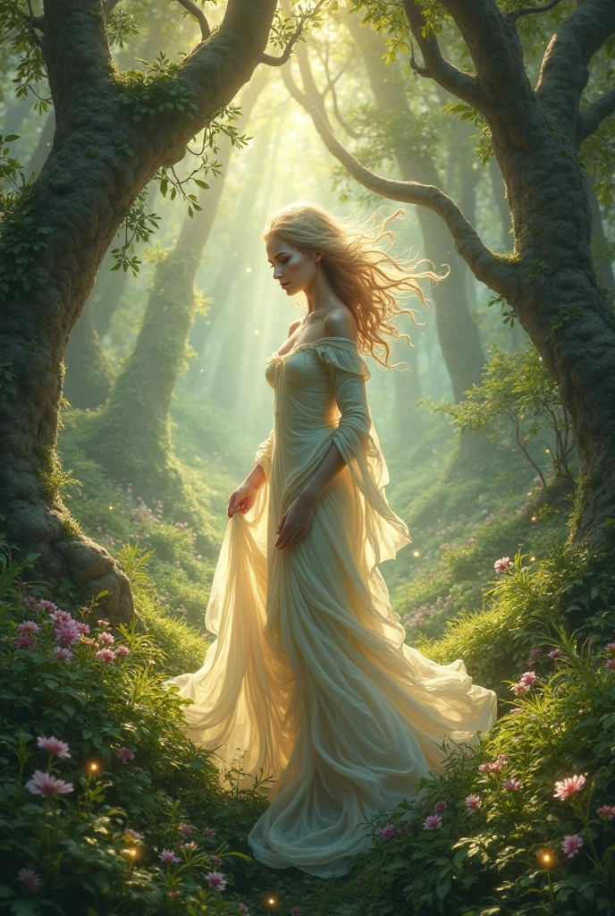 (Best quality,4K,8k,high resolucion,Masterpiece:1.2),Ultra-detailed,(Realstic,photoreallistic,photo-realistic:1.37),woods,Captivating female creature Dryad,Enchanted Ethereal Landscape,lush vegetation,majestueux arbres centenaires,Magical sunlight passing through the branches,mousse douce et rougeoyante couvrant le sol,pale transparent wings,delicate flowers blooming around her,Fascinating eyes that emit a soft glow,Expression sereine,pose gracieuse,Artistic interpretation,Palette de couleurs subtile,Mystical atmosphere,Playful and whimsical elements,Bewitching presence,Harmonious blend of the dryad with its environment,Sensation de fantaisie immersive,Natural and realistic lighting