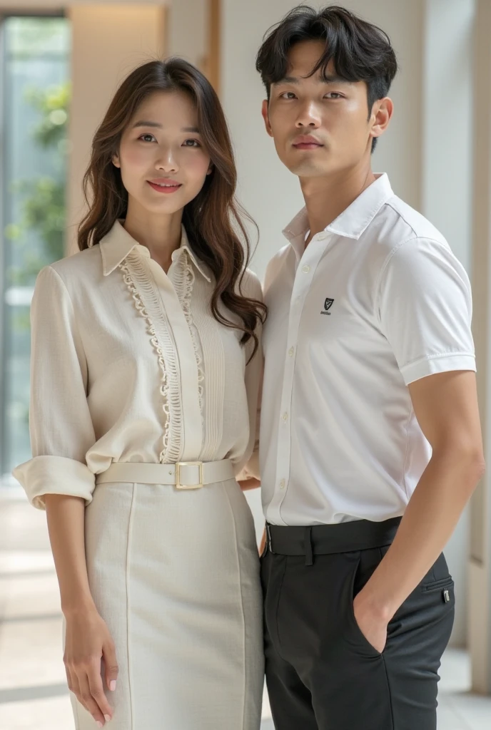 There are Beautiful faces couple is wearing White shirts and Black pants