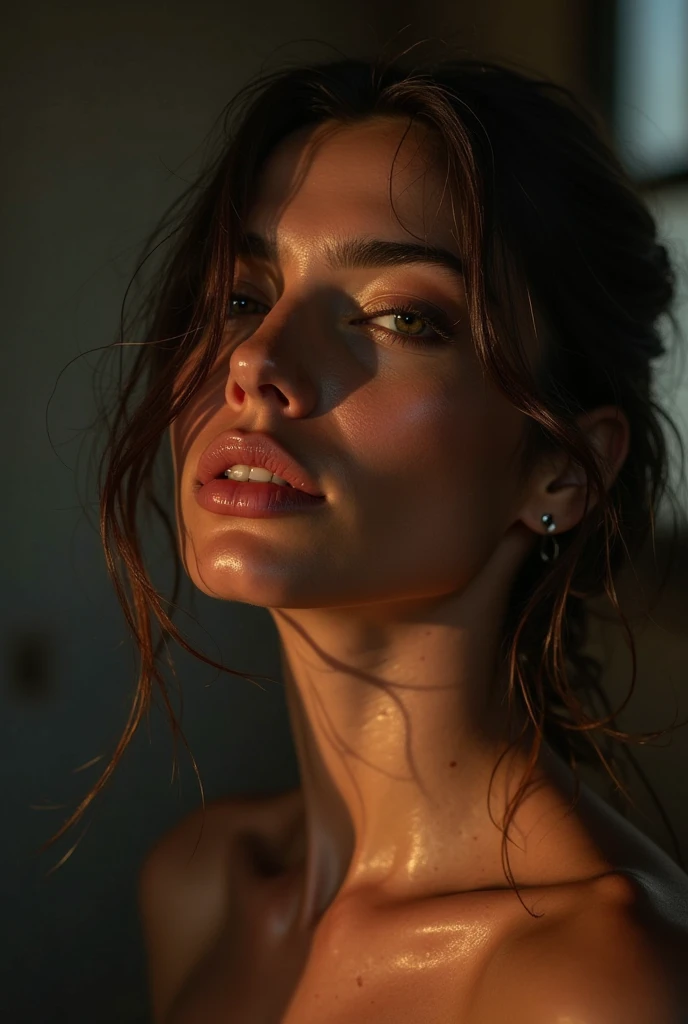 Photorealistic woman, detailed short messy black hair, ((mid shot)), Detailed skin, detailed body, muscular, solo, wearing open Japanese ((Kimono)), huge breasts, thick thighs, wide hips, muscular arms, large bulging veins on body, veins, muscle vein, split abs, thick thighs, blue eyes, Natural Skin Texture, skin detail, shiny skin, shiny glossy skin, WET skin, wet body, glossy skin, oily skin, Mediterranean tan, high contrast, realistic skin, skin pores, intricate detail, high contrast, realistic skin, skin pores, intricate detail, raw photo, mature female, glossy lips, luscious lips, pretty nose, lifelike rendering, immersive atmosphere, chiaroscuro, moody lighting, perfect female body, at an expensive home in ((South of France))