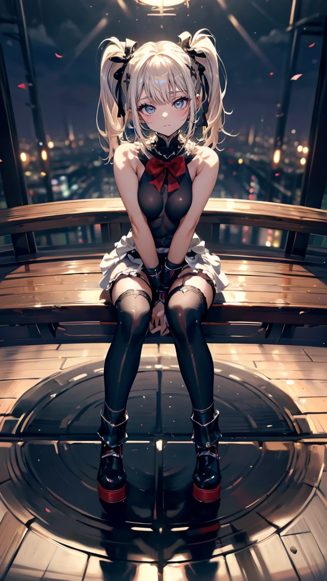 (quality)), ((masterpiece)), Recommended results、puffy nipples、(see through:1.5)、straighten your back、abdominal muscles、huge bust、angle to floor:1.2、Low photographic angle、Hair loss on crotch,Hatsune Miku,masterpiece, best quality, Realistic lighting, ultra high resolution, (realism, photo realism: 1.48), 1 girl, beautiful, blonde ,alone, ahog, hair accessories, bare shoulders, crop top, navel, Slit sleeves, elbow Gloves, Gloves, Tail, and skirt, she