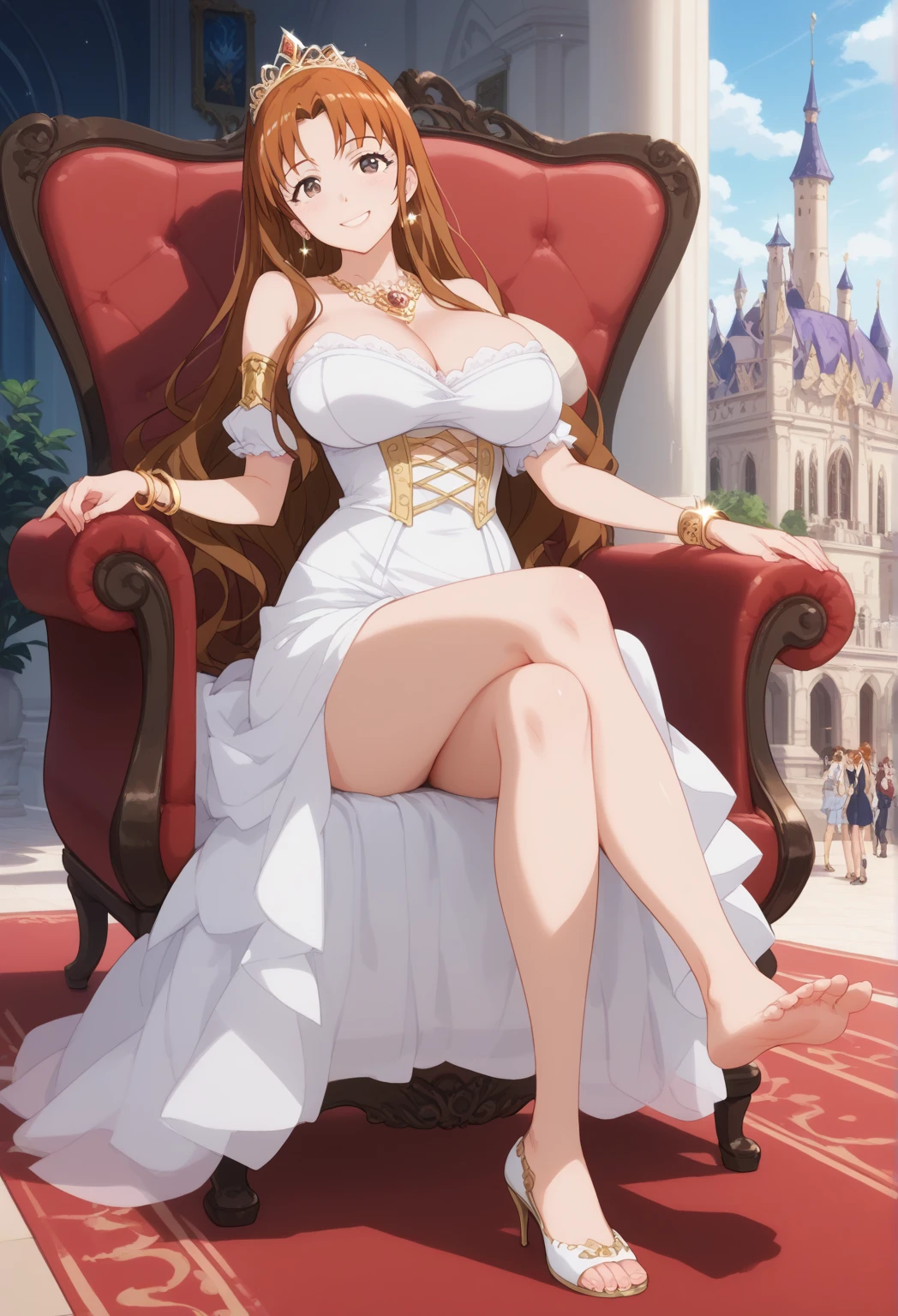 one Rebecca in white lingerie with gold accents, sitting on a throne, long brown hair, blue eyes, large boobs, sexy hourglass figure, sadistic but seductive smile, extremely detailed artgerm, beautiful alluring anime woman, seductive anime girl, detailed digital anime art, [ 4 k digital art ]!!