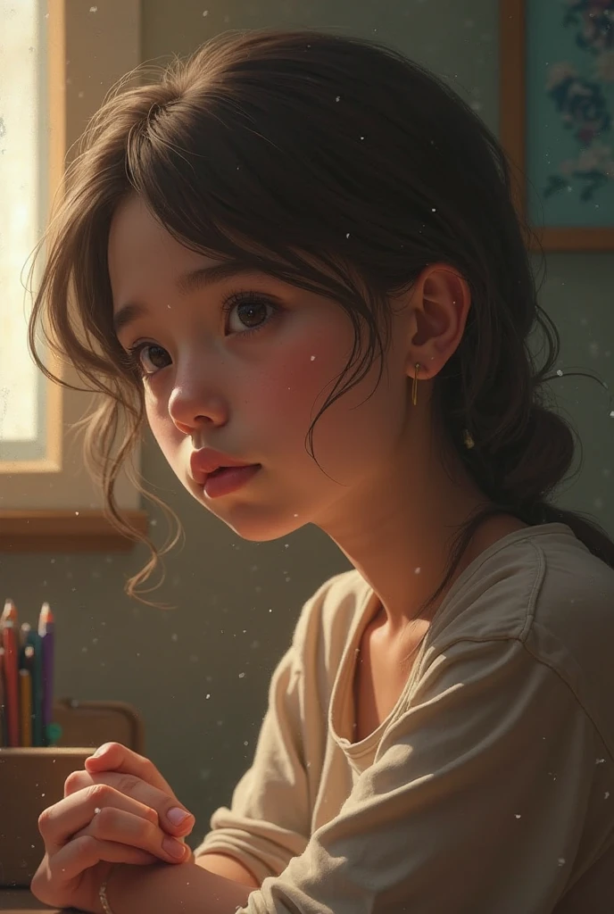 Create an image of a young girl sitting at a computer desk, engrossed in her work, with a look of curiosity and determination on her face. In the background, through a rain-streaked window, depict a night cityscape with glistening city lights and the gentle patter of raindrops on the glass. The contrast between the focused girl and the serene, rainy city outside should evoke a sense of cozy productivity and contemplation