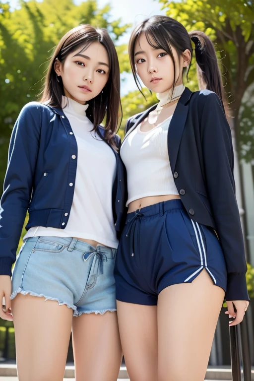 Two high school girlature Woman、Walk side by side、Station stairs、climb、Big Ass、White panties、Blue panties、Panty shot、Angle from directly below、Grin、
