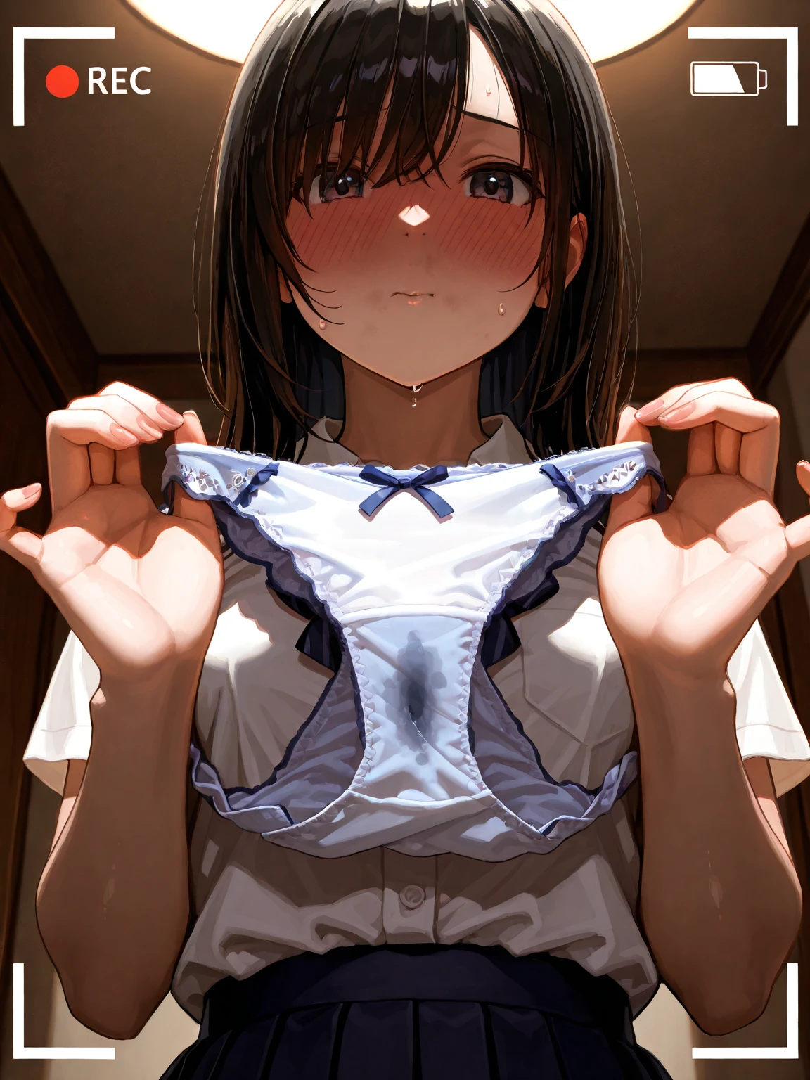 (masterpiece、best qualtiy、ultra-detailliert)、anime illust、(beautifull detailed face、super detailed skin、Beautiful skin)、High contrast、(extremely delicate and beautiful)、Hyper-detailing、super detailed skin、 BREAK NSFW、1girl、()、(Intense masturbation:1.2)、(dildo:1.3)、squatting cowgirl position、straddling、(spread legs:1.3)、 (love juice:1.2)、 (pussy squirt:1.3)、arched back、(trembling:1.3)、 BREAK 12year old、a junior high school student、small breasts、sailor uniform、Y-shirt、Red ribbons、breast grab、(bare breasts:1.5)、bottomless、 (Black mouth mask:1.5)、BREAK shiny hair、shiny skin、delicate linestailed face、shiny eyes、blush cheeks、 BREAK girl's own room、on the beds、 BREAK (ahegao:1.2)、 (heart、spoken_heart)、(gleaming skin:1.2)、(looking at viewer、from below)、(trembling:1.6)、fucked silly、sweat、fog、(bouncing breasts:1.3), unaligned breasts、(motion, motion blur)、(on the screen of smartphone camera app frame:1.5)
