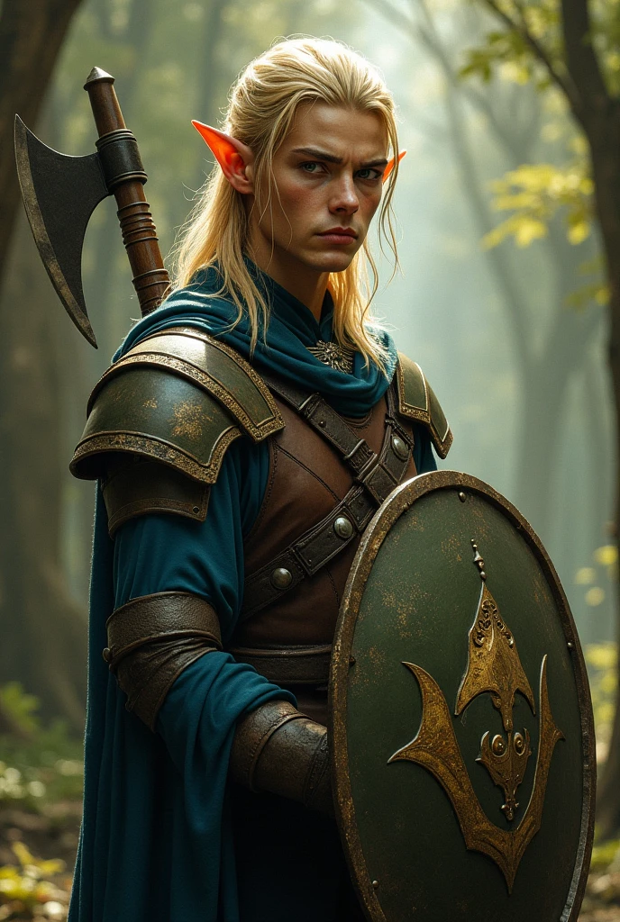 muscular handsome male elf in red dress, outdoor portrait photography