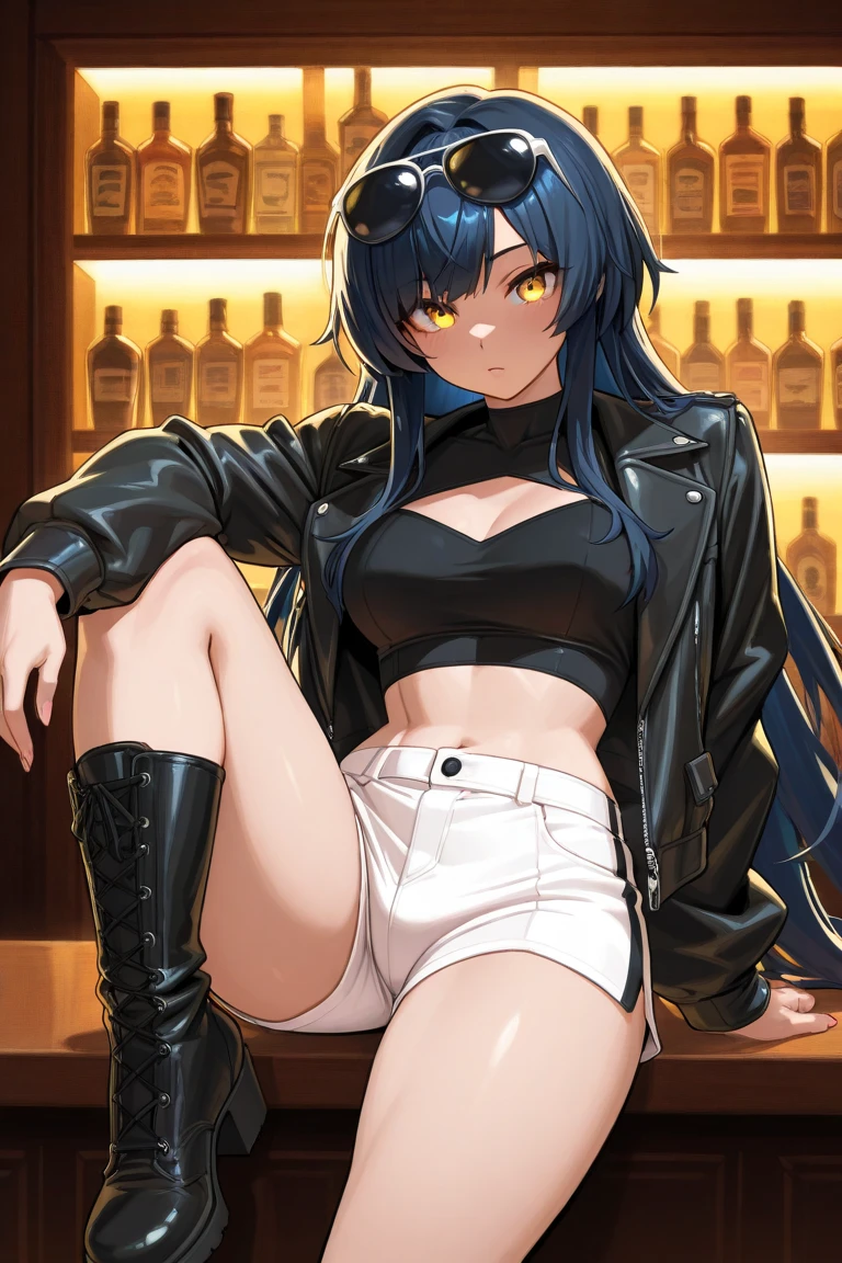 Young female, (fate)), goth style, leather black jacket, tattooed arm, black hair, tank top, cafeteria, yellow eyes, medium hair, looking at viewer, full body, smiling, anime style, --air 3:2 --auto --s2
