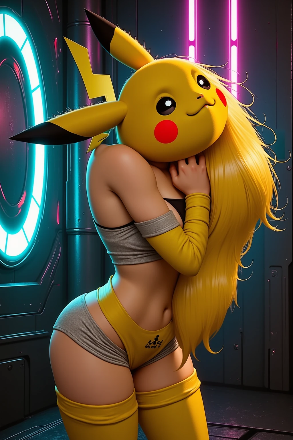 Pikachu, defined face, defined eyes, full lips, thin upturned nose, orgasmic expression, defined figure, thick legs, thin waist, huge breasts, detailed delicate hands, much more voluptuous, more muscular, much more lascivious, suck cock, titjob , blowjob, riding cock, hard sex